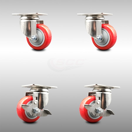 3 Inch 316SS Red Polyurethane Wheel Swivel Top Plate Caster Brakes SCC, 2PK